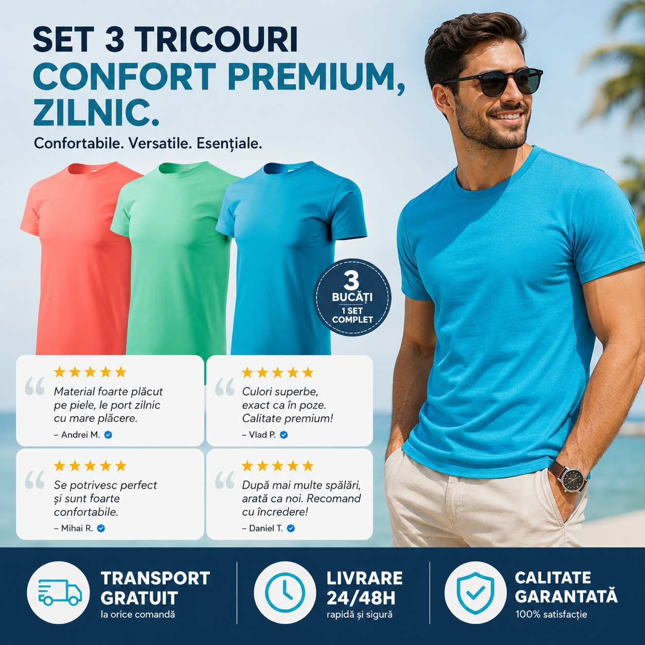 Tricouri bărbați coral verde mentă și turcoaz din bumbac 100% pentru ținute casual